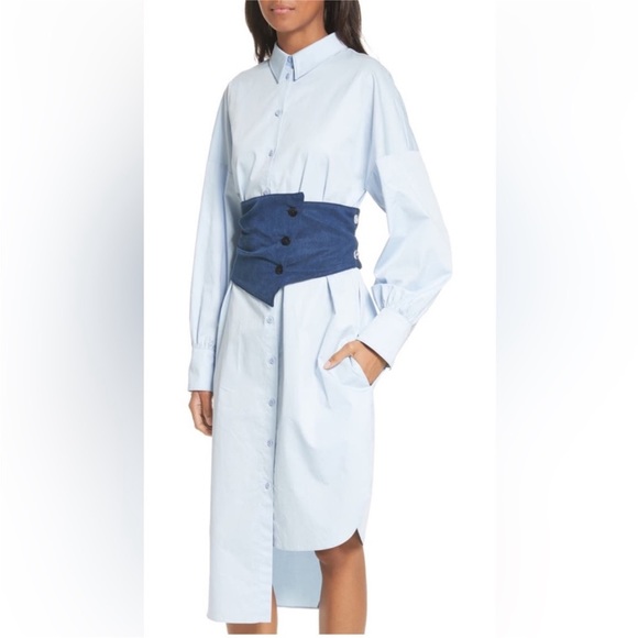 Tibi XS Corset Shirtdress Blue Cotton Poplin Midi Dress - Picture 8 of 12